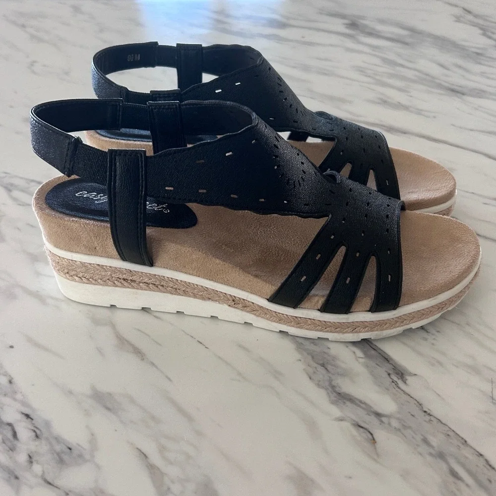 Easy‎ Street Womens Black Laser Cut Wedge Sandals Slingback Comfort 9.5M 31-4221